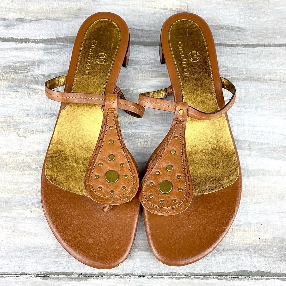 Cole Haan Brown Leather Thong Sandal Boho Metal Studded Gladiator Ankle Strap9.5